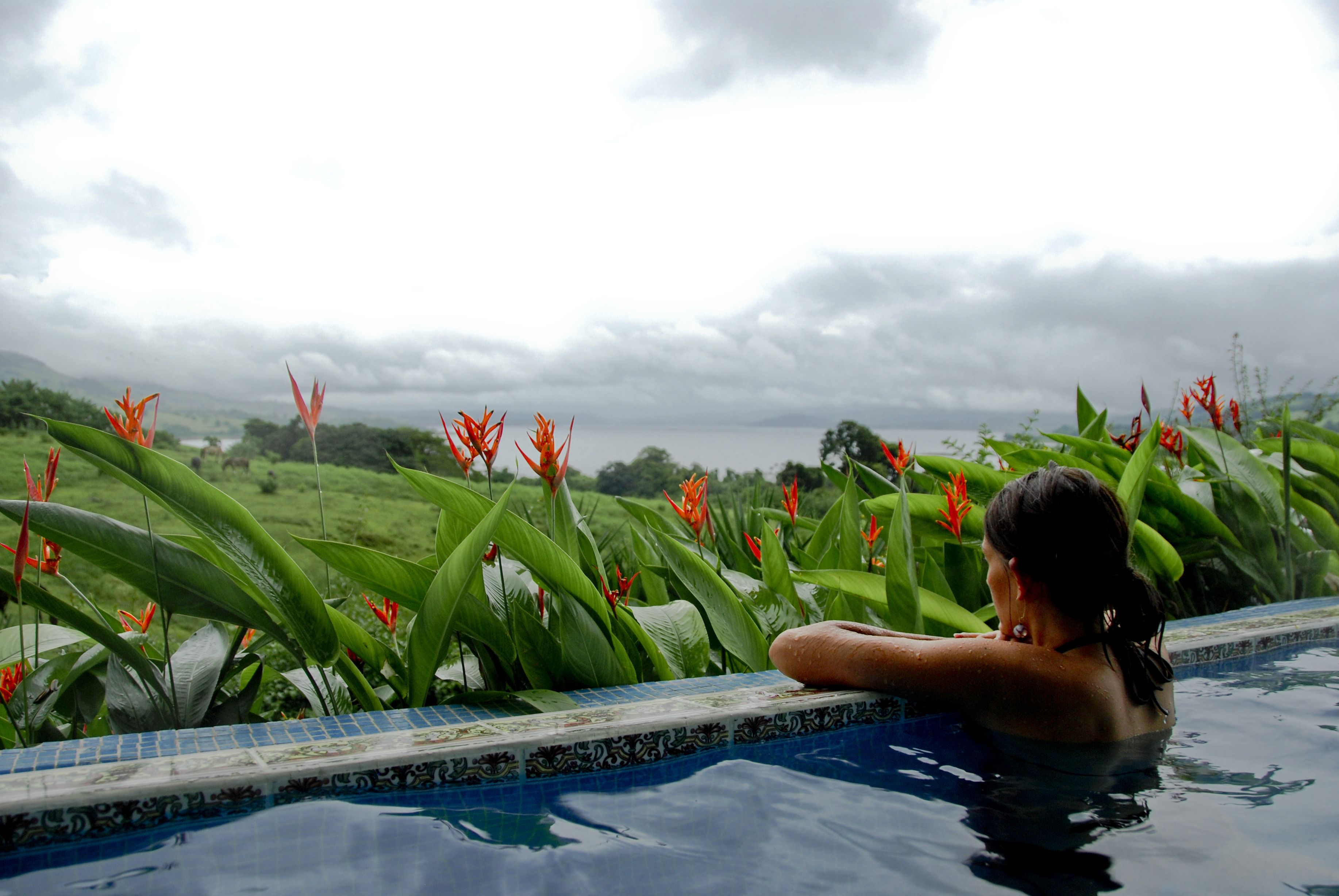 A woman relaxing in a pool with a view of green fields and red flowers.