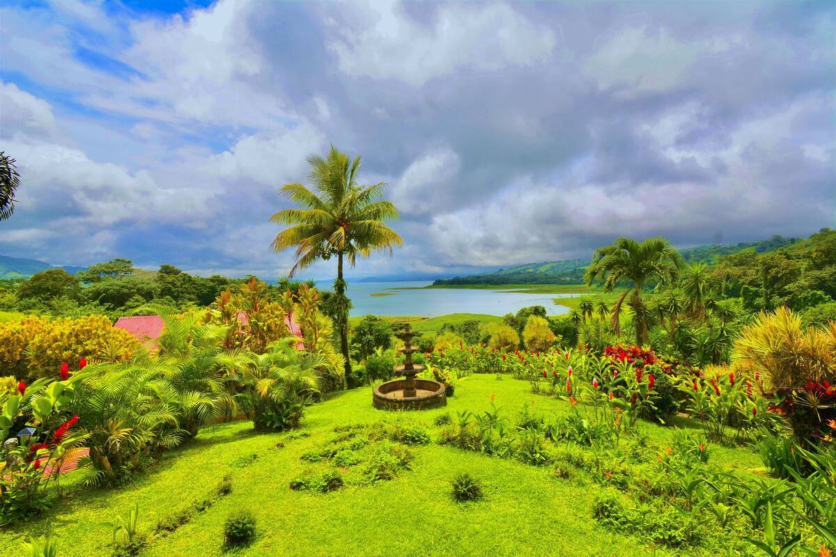 Un exuberante jardín con una fuente central, rodeado de diversas plantas tropicales y vistas a un lago.