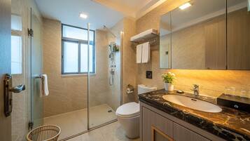 Een moderne badkamer met een douchecabine van glas, een toilet, een wastafel met een marmeren aanrechtblad en een grote spiegel.