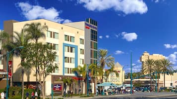 A hotel with a modern facade, palm trees, and a clear blue sky.