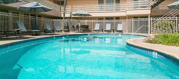 Outdoor pool, pool umbrellas, sun loungers