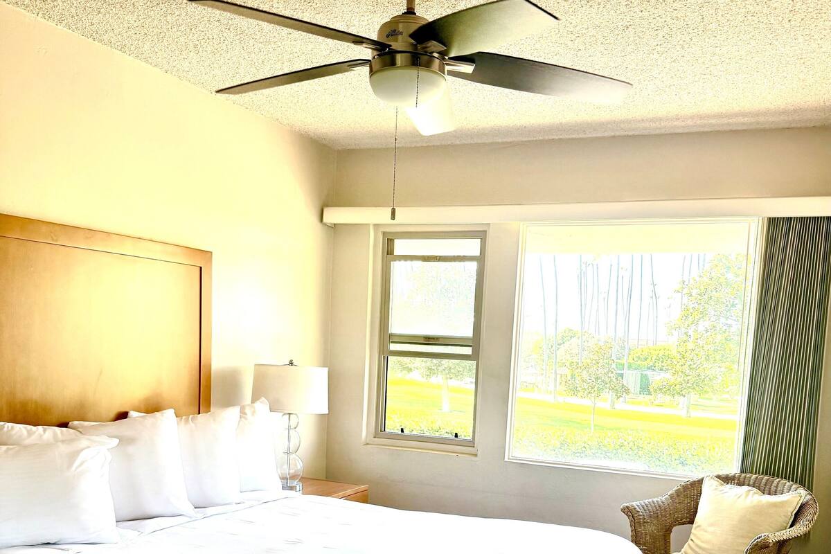 A hotel room with a large bed, a ceiling fan, a window with a view of trees, and a wicker chair.