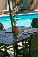 Outdoor pool, pool umbrellas, sun loungers