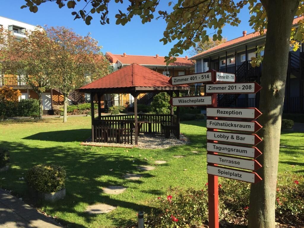 En vejskiltevise i en gårdhave med flere pile, der peger mod forskellige hotelværelser og faciliteter som "Zimmer 401-514", "Zimmer 201-208", "Wäscheplatz", "Rezeption", "Frühstücksraum", "Lobby & Bar", "Tagungsraum", "Terrasse" og "Spielfeldplatz".