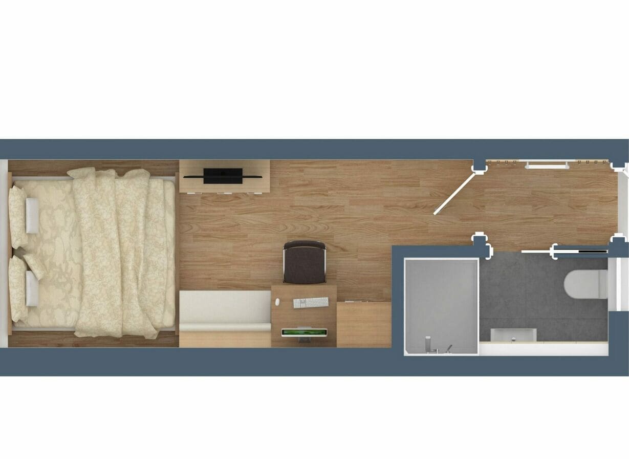 Een slaapkamer met een bed, nachtkastje en een raam.