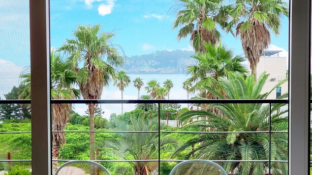 A view from a balcony with a table and chairs, overlooking a beach and palm trees.