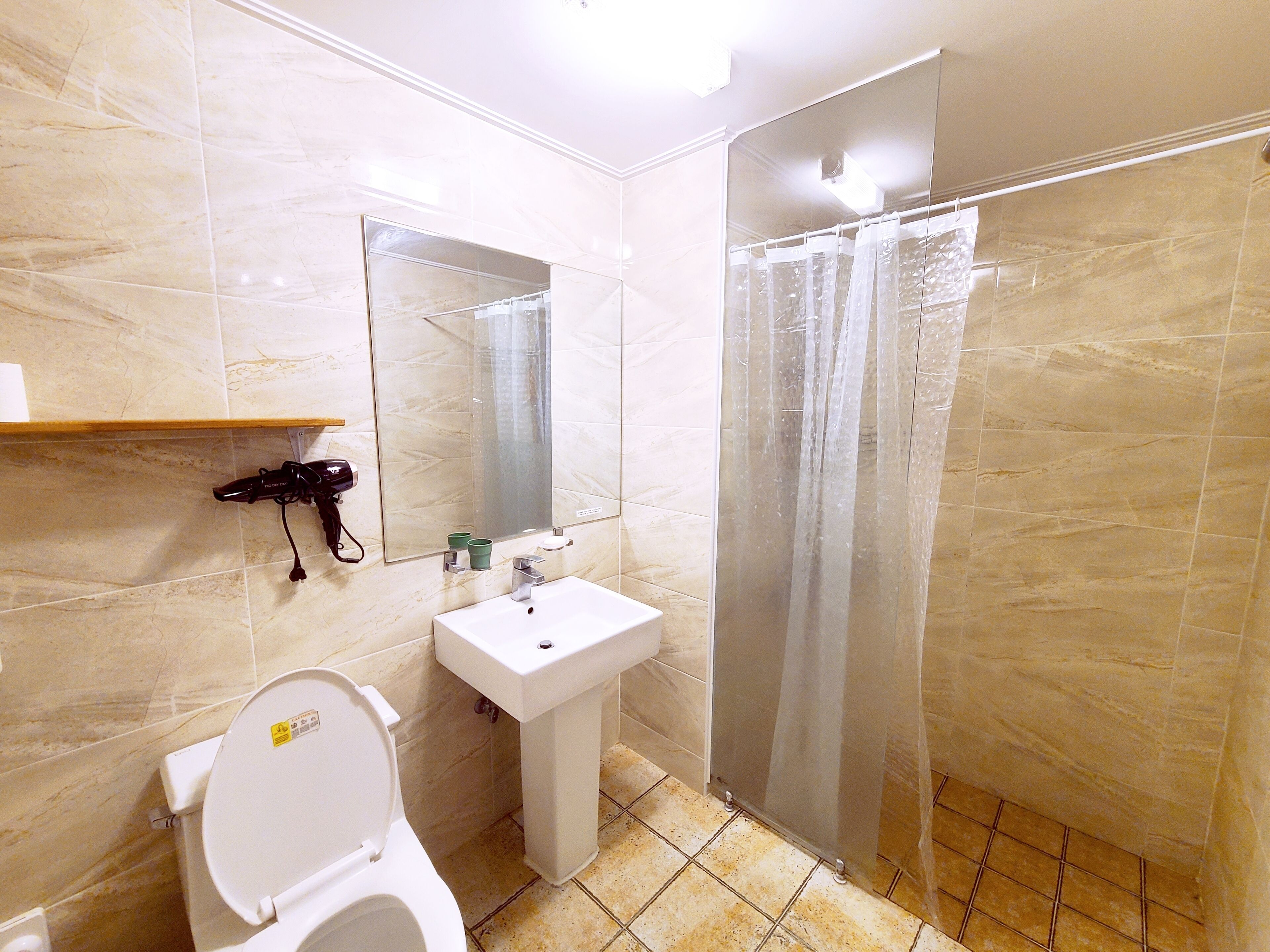 A bathroom with a toilet, sink, mirror, and shower curtain.