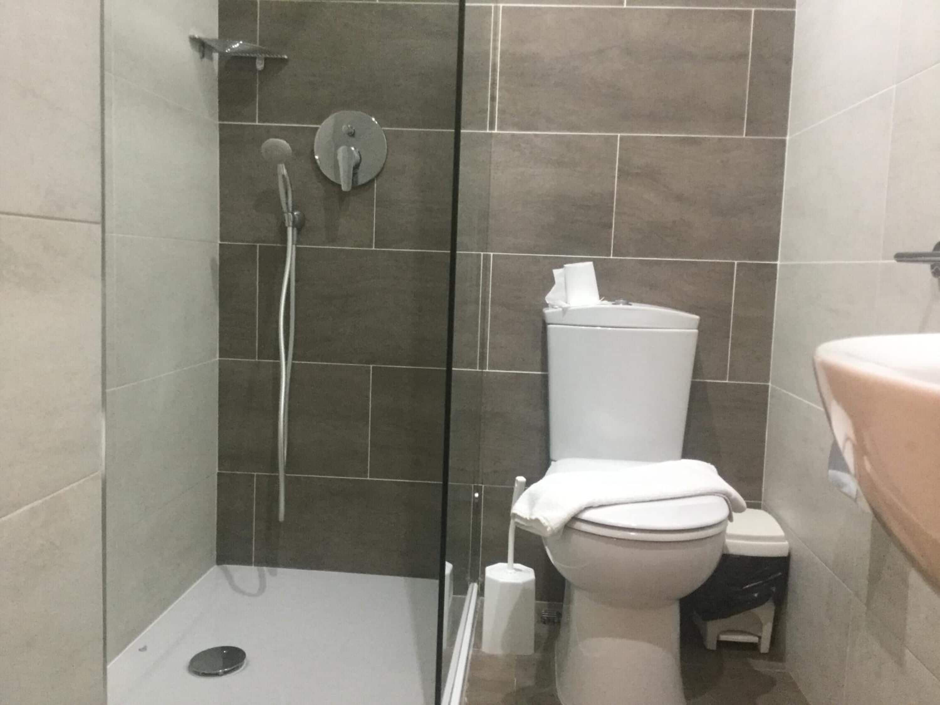 shower, hair dryer, bidet, towels