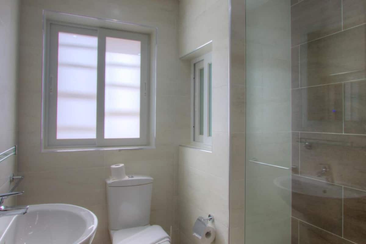 shower, hair dryer, bidet, towels