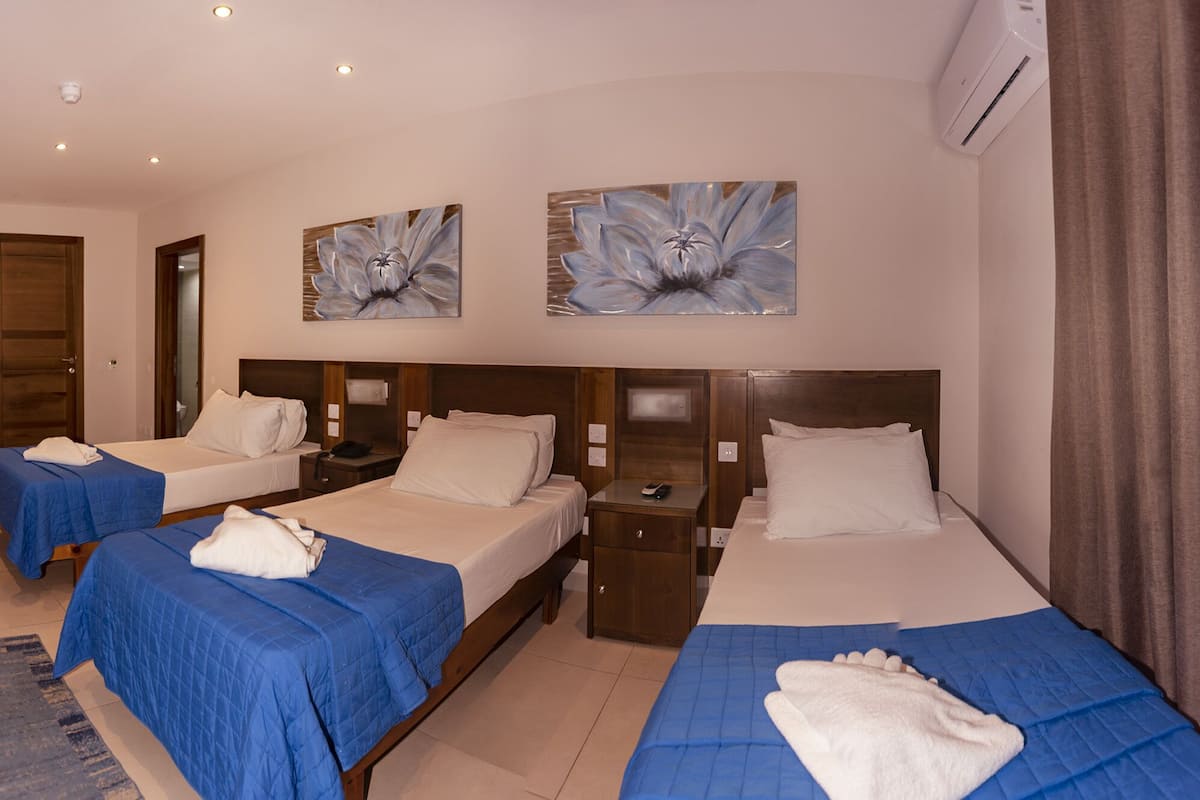 A hotel room with three beds, each with a blue bedspread and white pillows. There are two paintings of flowers on the wall, an air conditioning unit, and a wooden door.