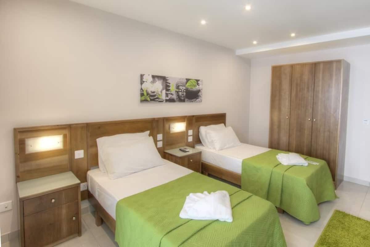 Une chambre d’hôtel avec deux lits simples, des têtes de lit en bois, un tapis vert, une armoire en bois et un tableau au mur.