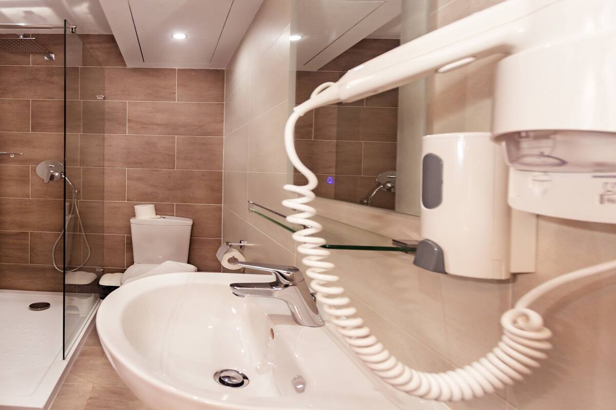 shower, hair dryer, bidet, towels