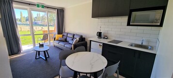 Fridge, microwave, stovetop, electric kettle