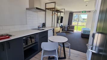 Fridge, microwave, toaster, cookware/dishes/utensils