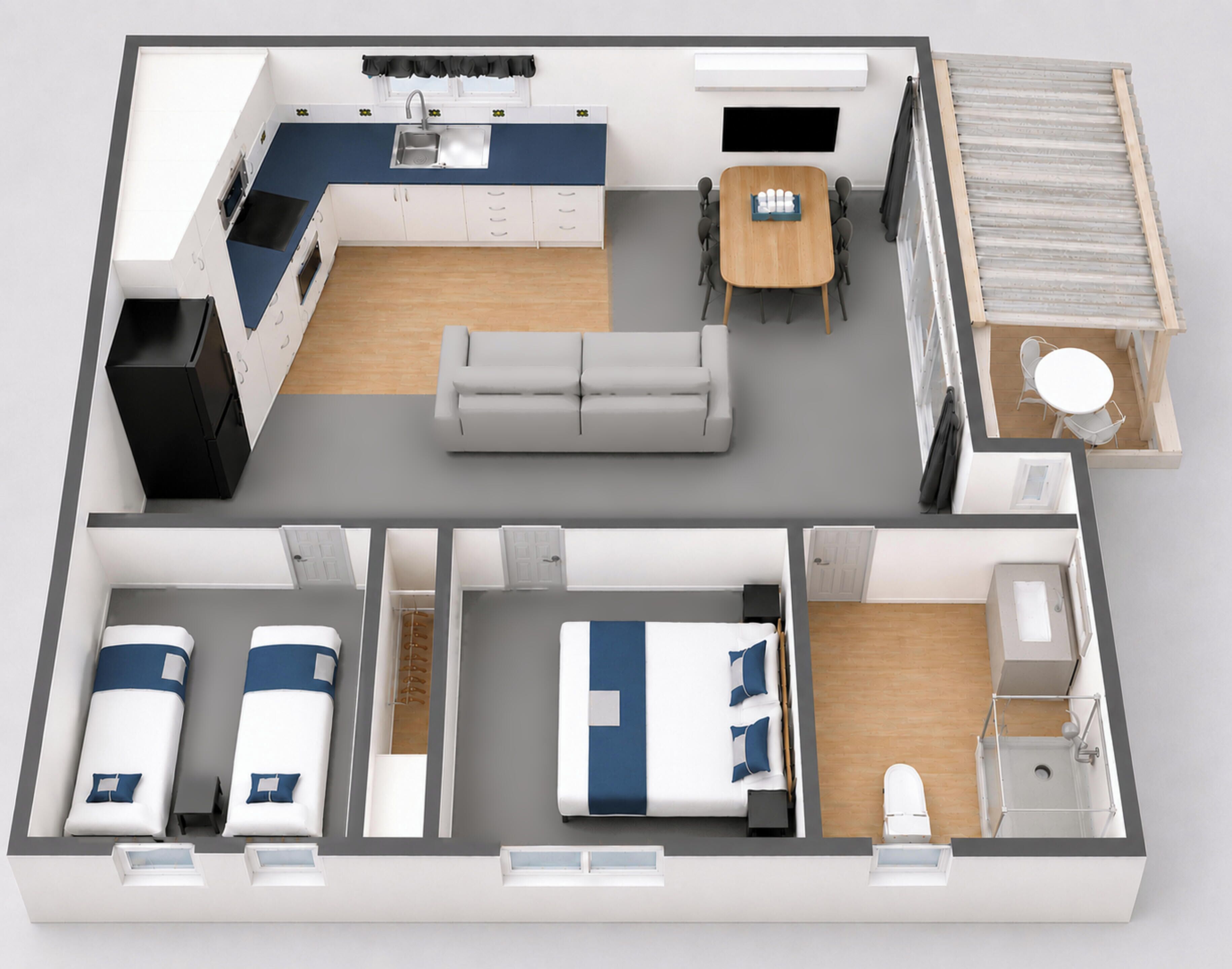 A two-bedroom apartment with a kitchenette, a dining area, a living room, and a bathroom.