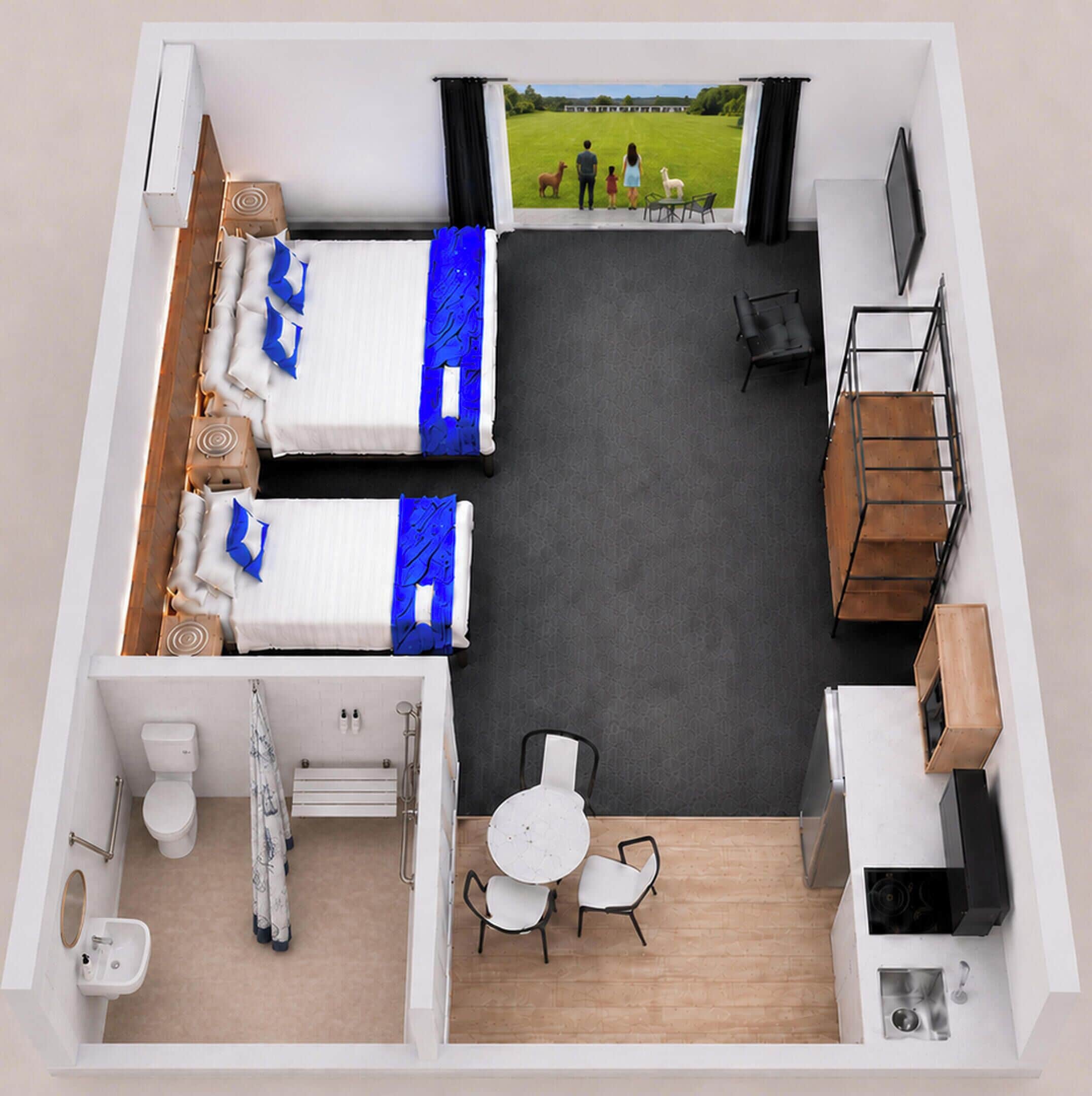 A hotel room with two beds, a small dining area, a bathroom, and a TV.