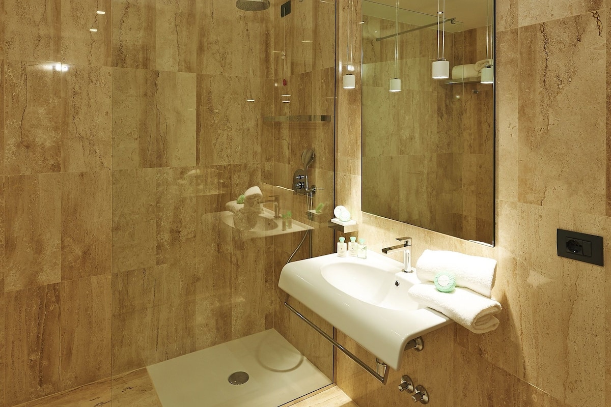 rainfall showerhead, hair dryer, bidet, towels