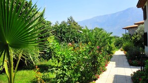 A pathway lined with lush greenery and a mountain in the background. - Telmessos Neva Hotel - Halal-Non Alcoholic  Hotel (Fethiye)