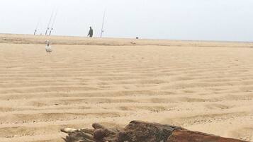 A sandy beach with a large piece of driftwood in the foreground.