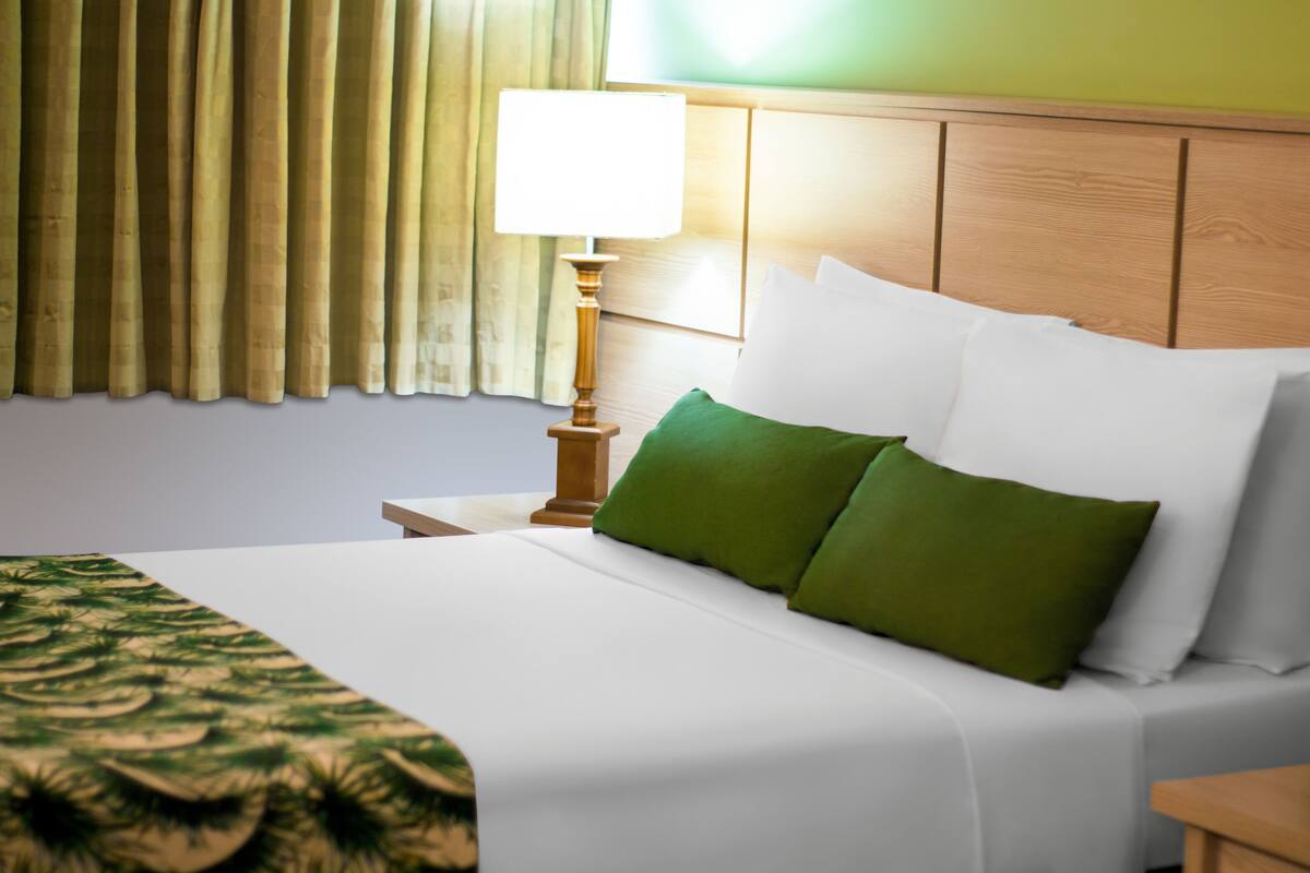Een hotelkamer met een net opgemaakt bed, een bedlamp en een raam met gordijnen.