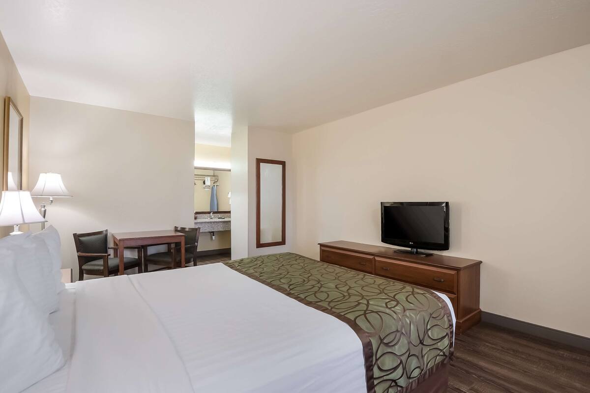 A hotel room with a bed, a TV, a desk with a chair, and a mirror.
