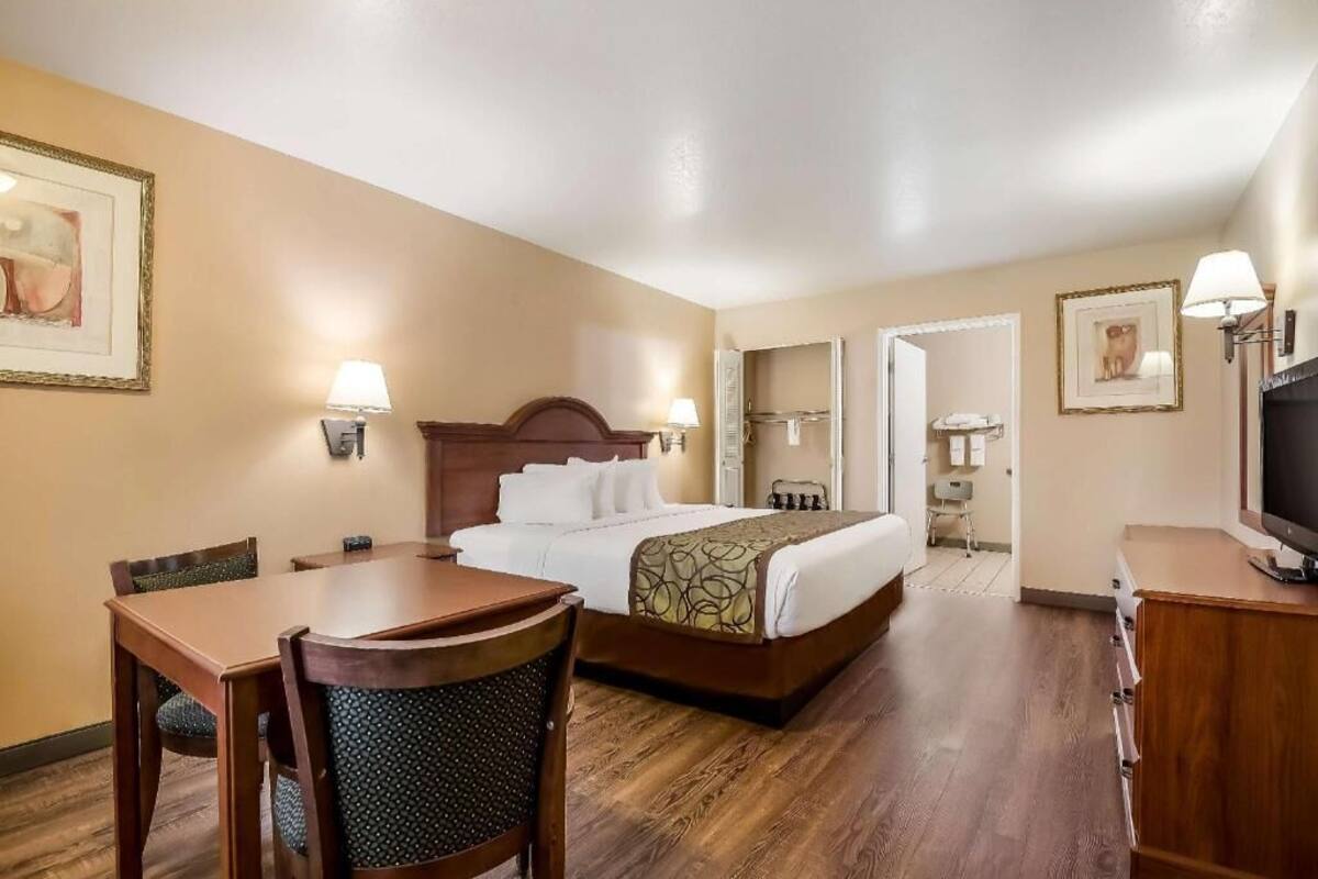 A hotel room with a bed, a desk, a chair, a television, and a bathroom visible through an open door.