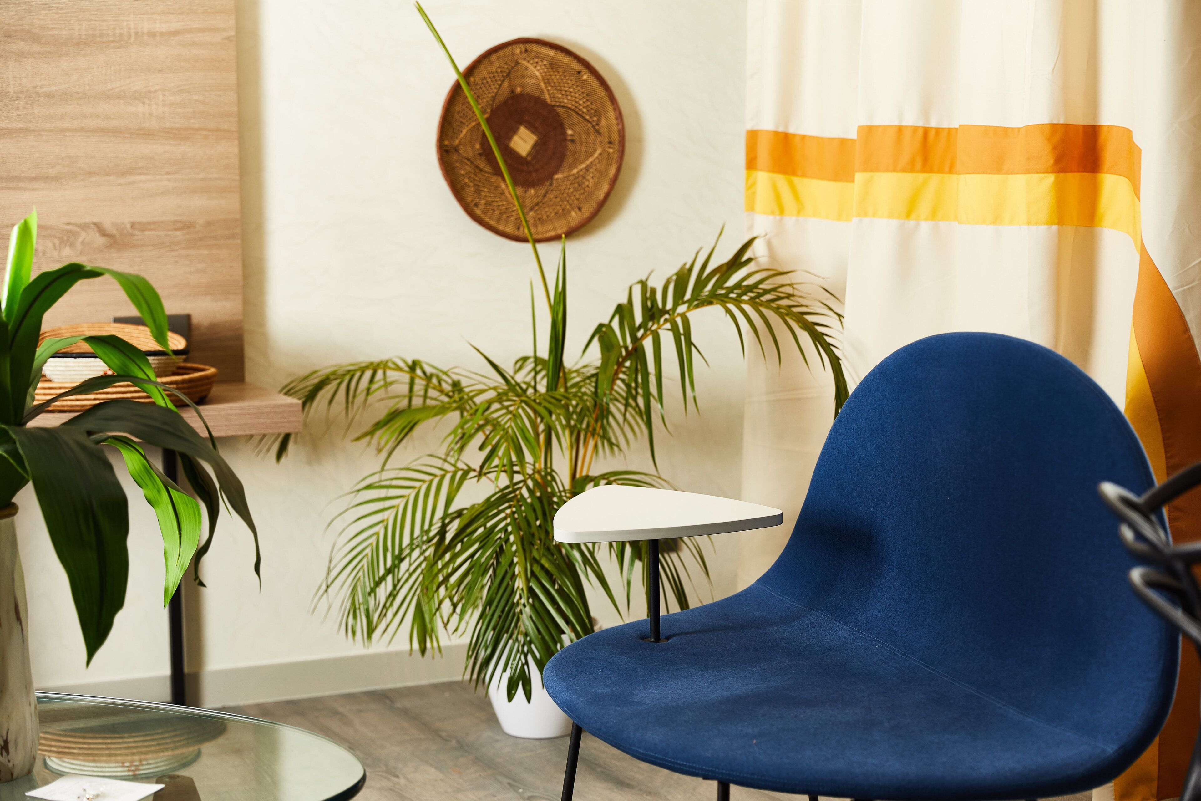 A room with a blue chair, a small white table, a potted plant, and a wall-mounted decorative plate.