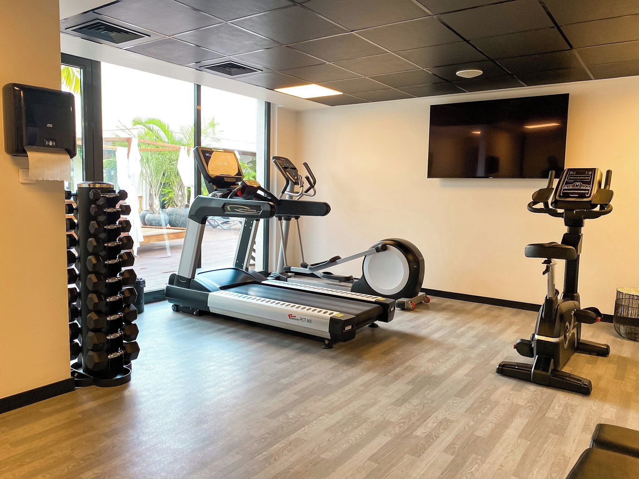 Une salle de sport équipée de tapis de course, d’un vélo d’appartement et d’un porte-haltères.