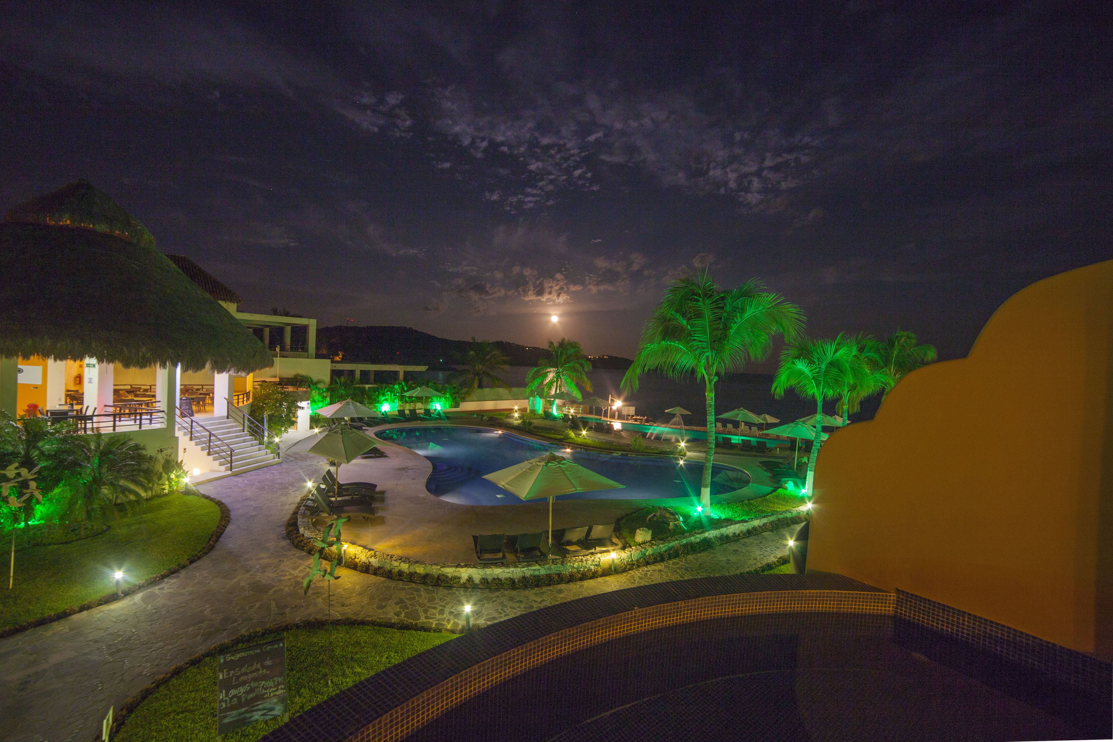 A nighttime resort pool area with a thatched-roof building, palm trees, and a moonlit sky.