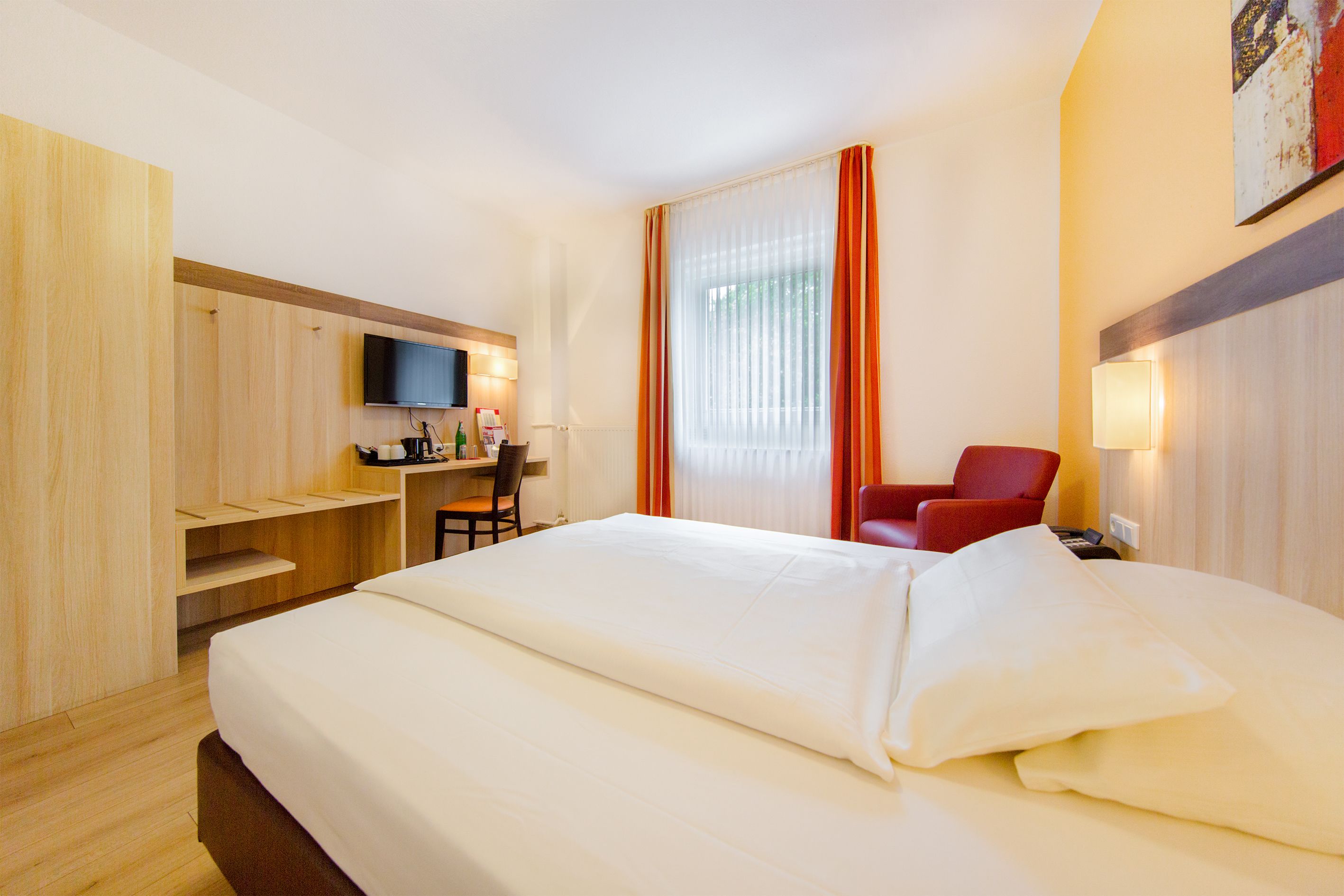 hypo-allergenic bedding, desk, blackout curtains, soundproofing