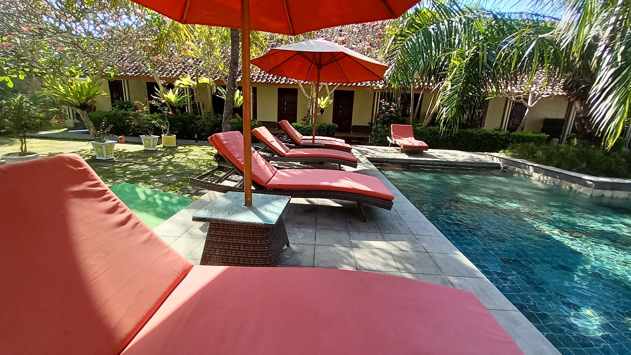 Outdoor pool, pool umbrellas, sun loungers