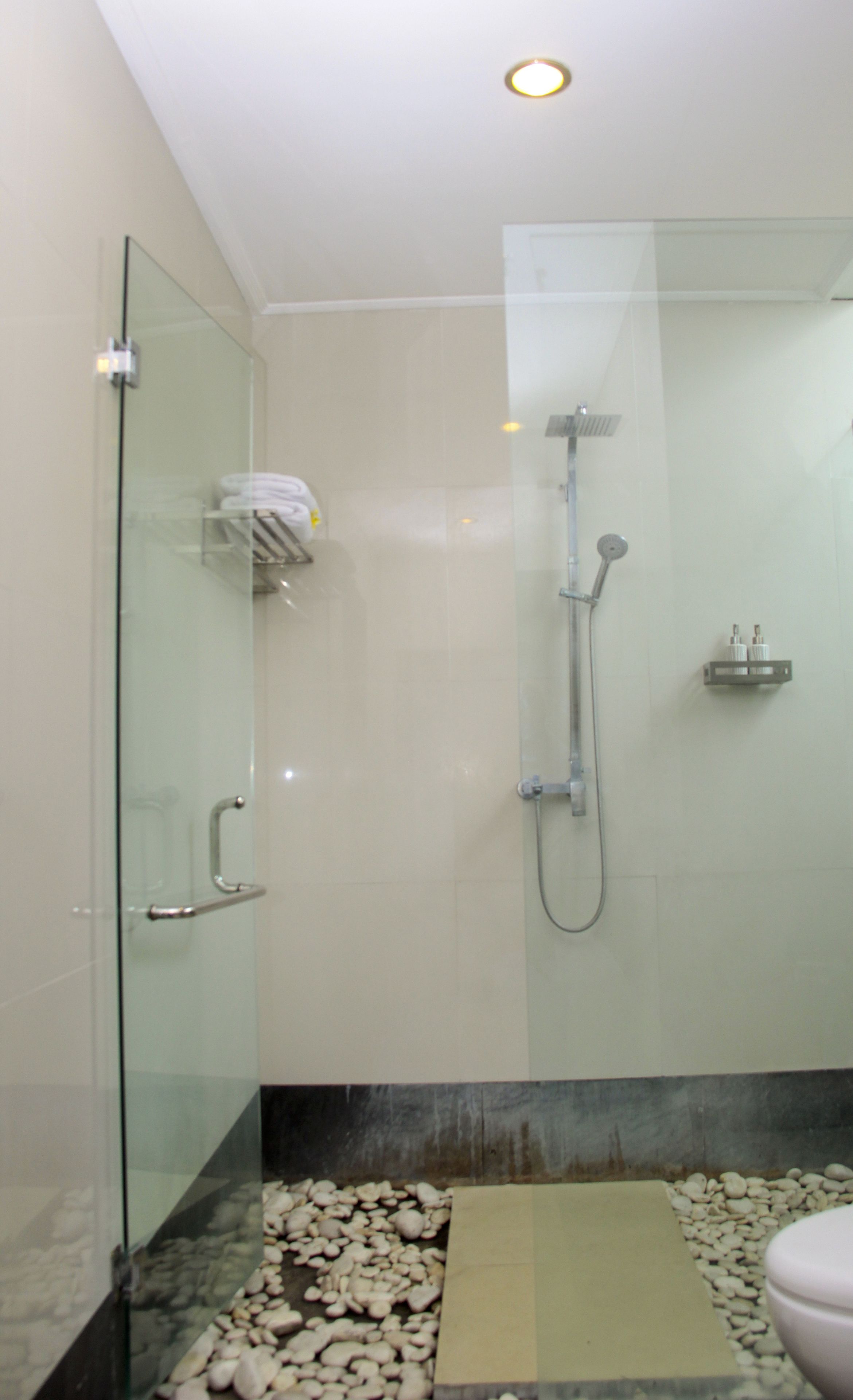 A modern bathroom with a glass shower enclosure, a handheld showerhead, and a toilet.