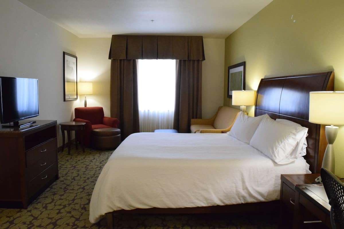 A hotel room with a large bed, a TV, a desk, and a chair.