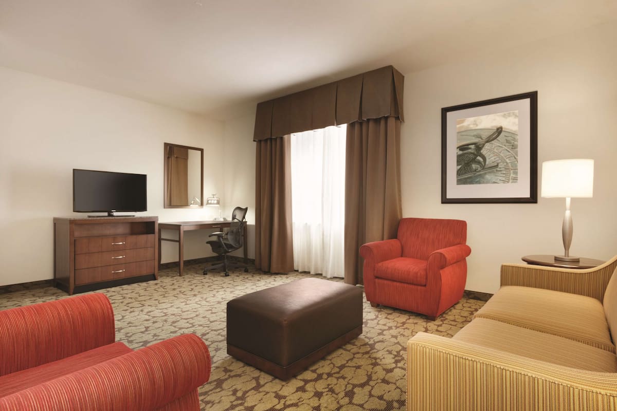 A hotel room with a bed, a desk, a chair, a television, and a framed picture on the wall.