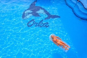 Una piscina con un mosaico de delfín y una persona flotando sobre un flotador.