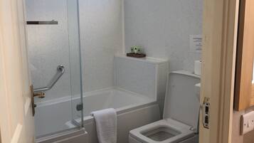 A bathroom with a glass-enclosed shower, a bathtub, and a toilet.