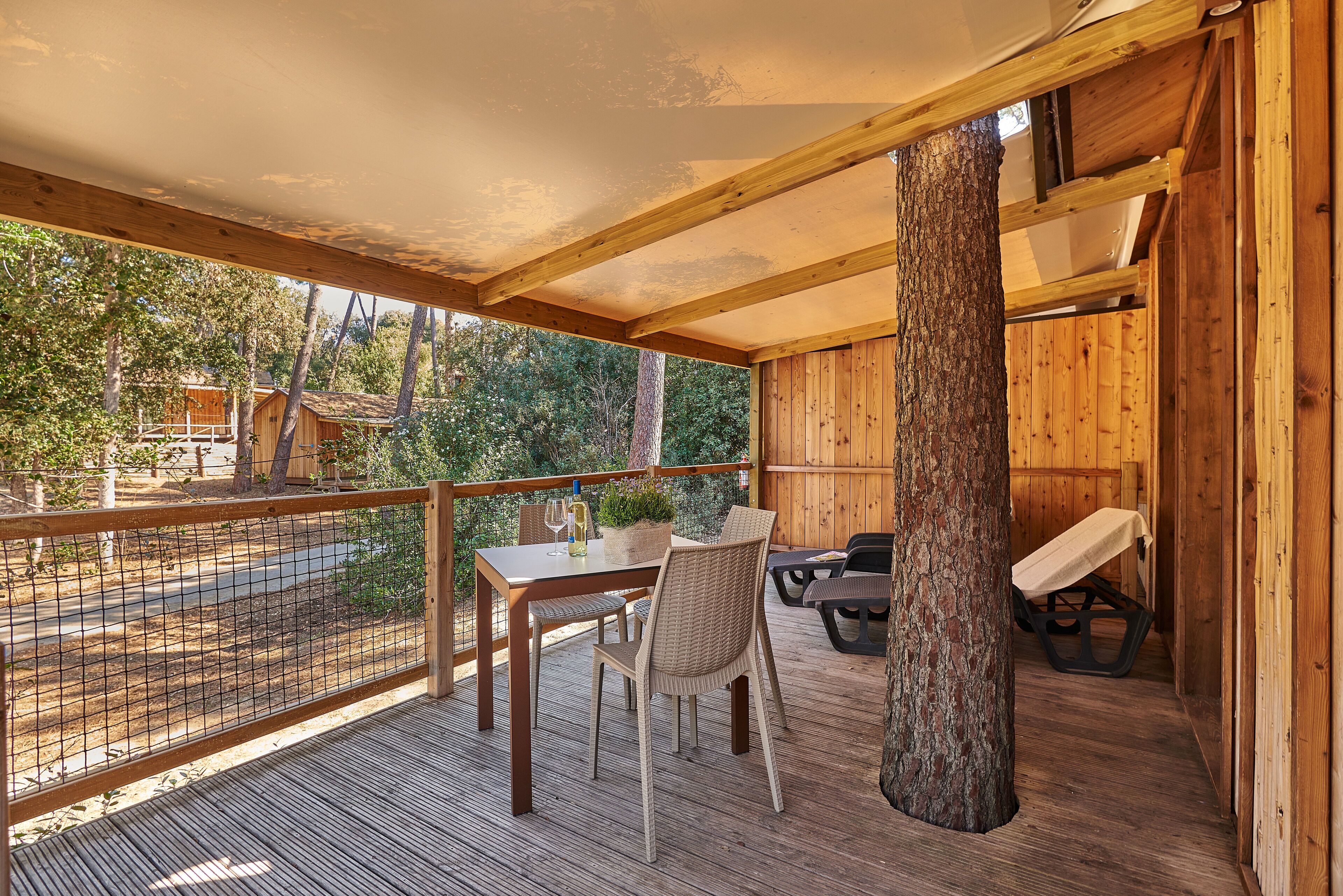A wooden deck with a table and chairs, a picnic table, and a tree trunk.