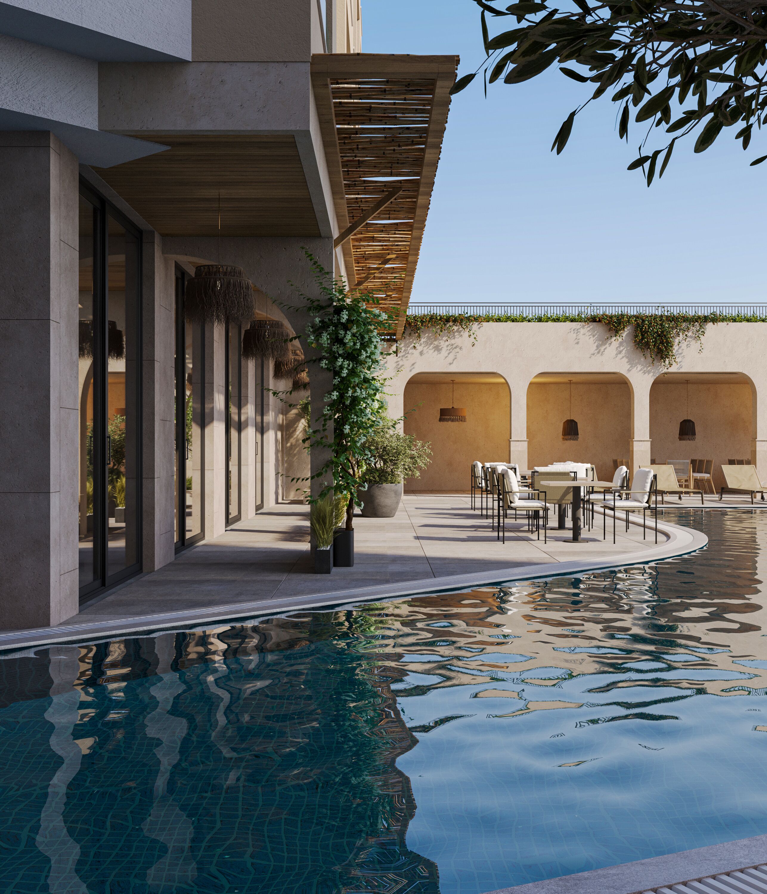 季节性开放的室外游泳池，池畔遮阳伞，日光浴躺椅