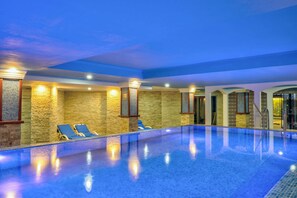 Seasonal outdoor pool, pool umbrellas, pool loungers