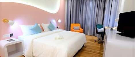 Minibar, desk, laptop workspace, iron/ironing board