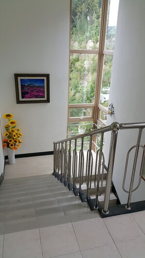 A staircase with a metal railing, a framed picture on the wall, and a vase of sunflowers.
