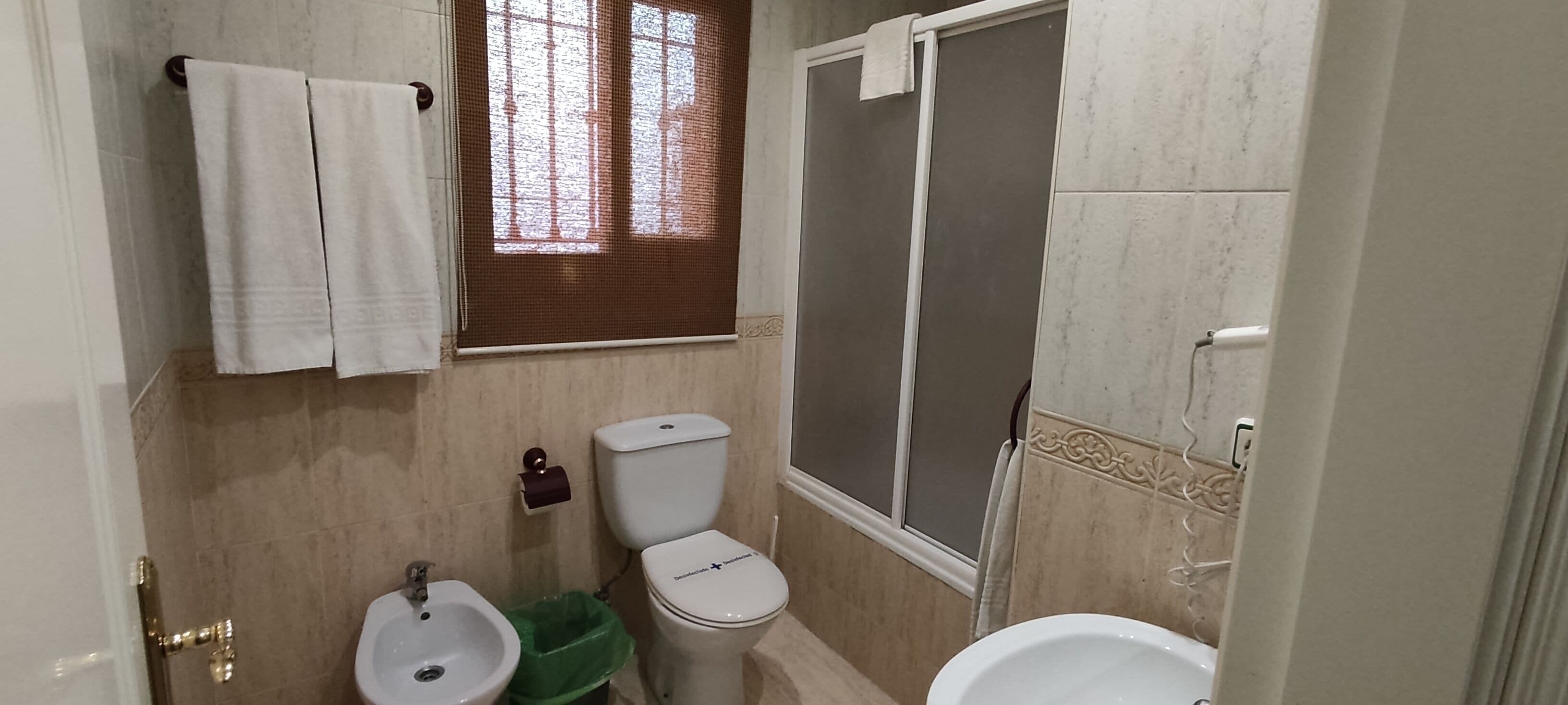 A bathroom with a toilet, sink, and shower.