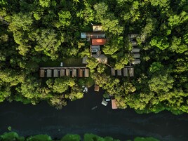 Vista aérea de una propiedad junto al lago, con un muelle, varias cabañas de madera y abundante vegetación.