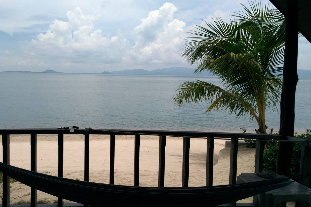 Vista de una playa con una hamaca y una palmera.