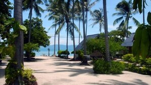 Un resort frente a la playa con palmeras, un camino de arena y vista al océano.