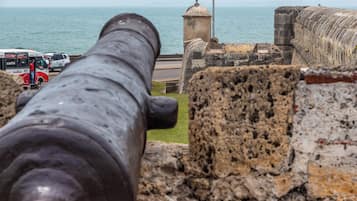 A cannon overlooking a coastal area with a road and vehicles in the foreground.