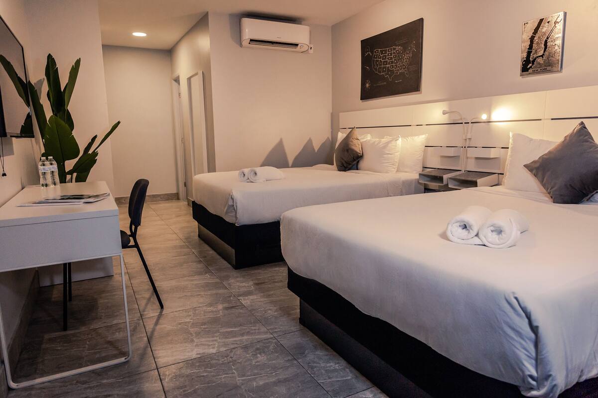 Une chambre d’hôtel avec deux lits, un bureau, une chaise, une plante en pot et un climatiseur fixé au mur.