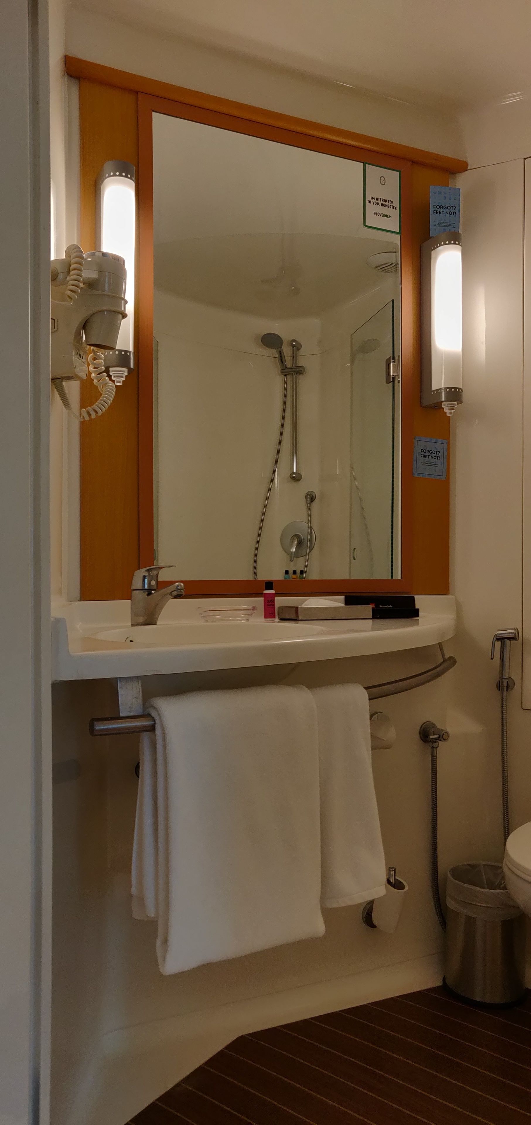 Ein Badezimmer mit Waschbecken, Spiegel, Handtuchhalter, Dusche und Mülleimer.