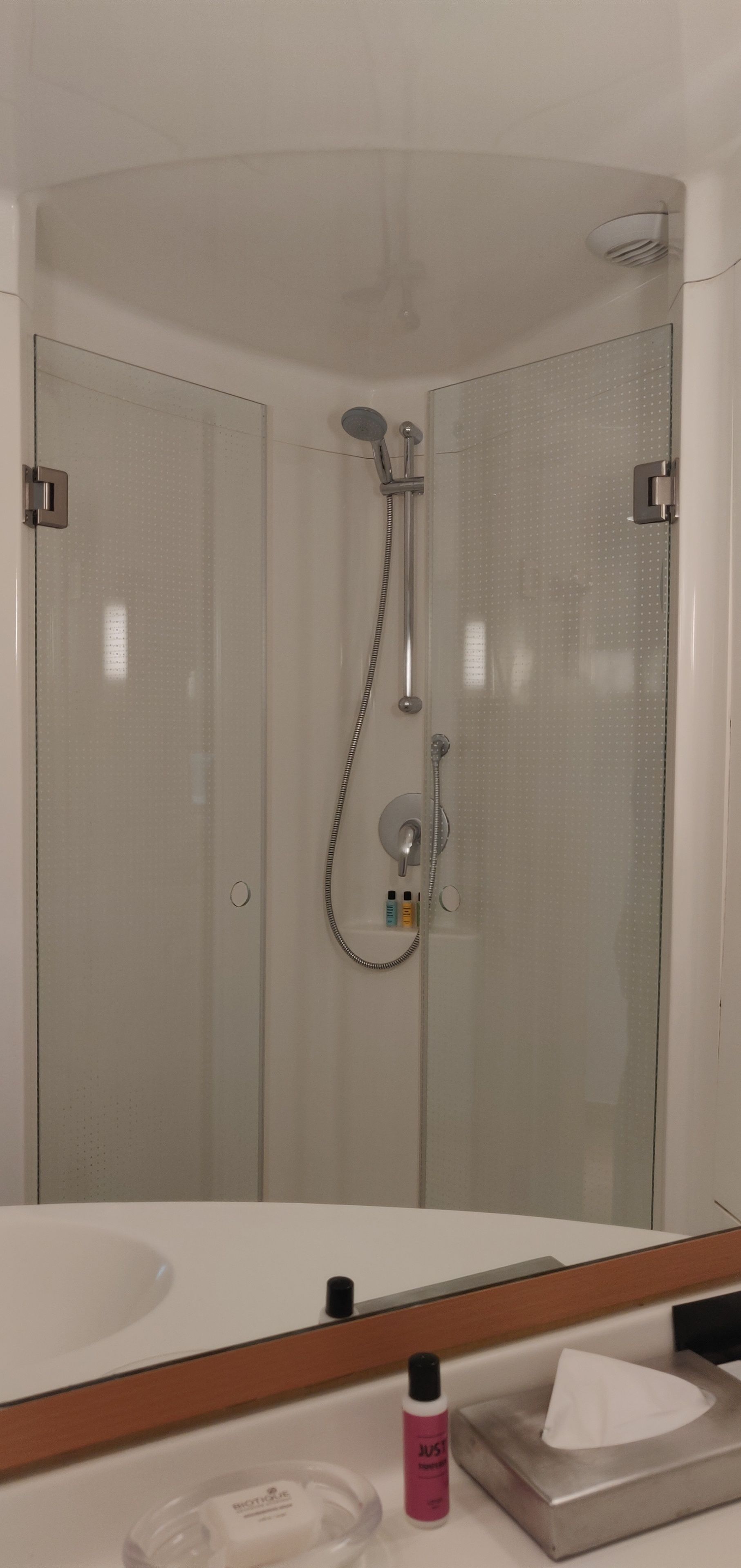 A modern bathroom with a glass-enclosed shower, a white sink, and a mirror above it.