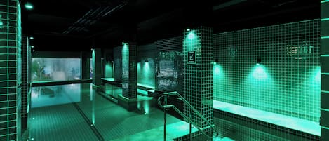 Indoor pool, open 3:00 PM to 9:00 PM, sun loungers